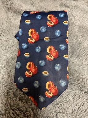 Nicola ferri 100% silk Navy Tie with Peach and Blueberry Fruit Print